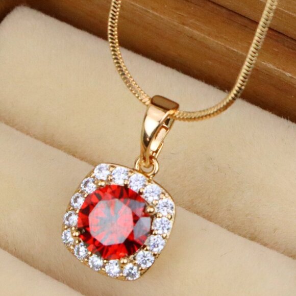 "Red Round Stone Pendant in Gold Plated Brass with Crystal Halo, XPPT1773 - Picture 1 of 13